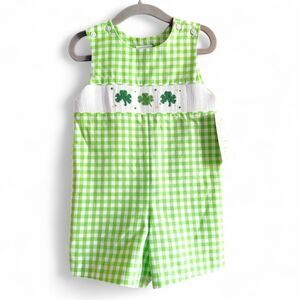 Southern Sunshine Shamrocks Smocked JonJon Romper Boys 18 mos St Patrick’s Day